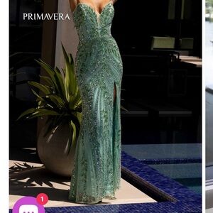 Size 4 …. STUNNING Primavera mint sequence PROM dress with slit.  Worn once.